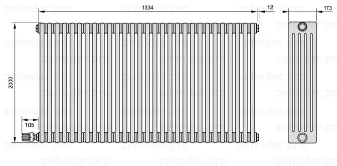Схема (чертеж) Радиатор Zehnder Charleston 5200/29 №V003 Белый глянцевый RAL 9016